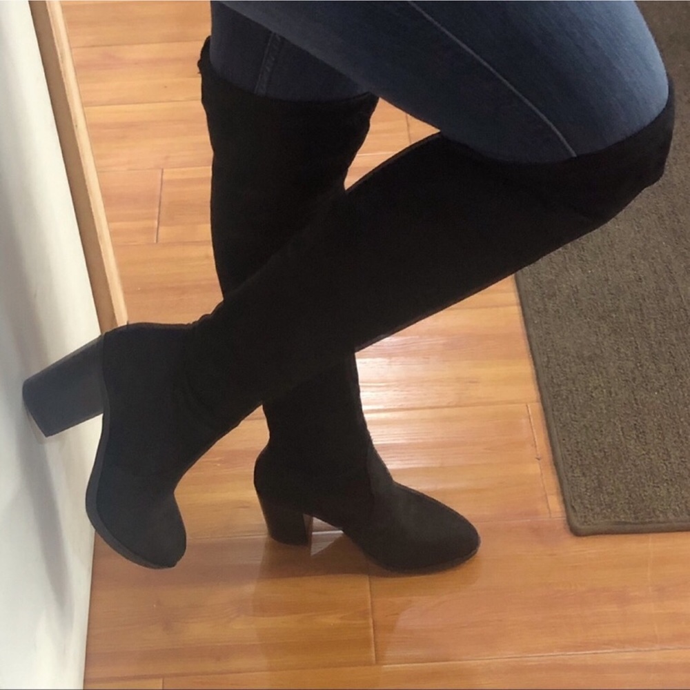 Black Over The Knee Boots, Chunky Heel - Picture 2 of 7